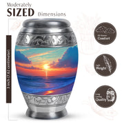Mystic Teal Beach Cremation Urn lifestyle display on memorial shelf - royal beach engraving with decorative scrollwork - mini keepsake memorial for portion of cremation ashes