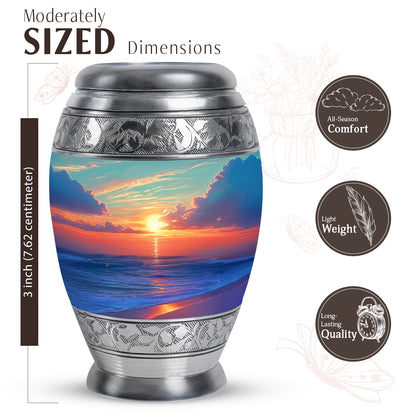 Mystic Teal Beach Cremation Urn lifestyle display on memorial shelf - royal beach engraving with decorative scrollwork - mini keepsake memorial for portion of cremation ashes