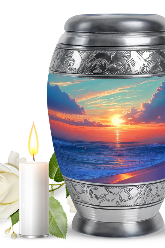 Mystic Teal Beach Cremation Urn back view with polished surface - royal beach engraving with decorative scrollwork - full-size 10 inch 200 cubic inch adult cremation urn