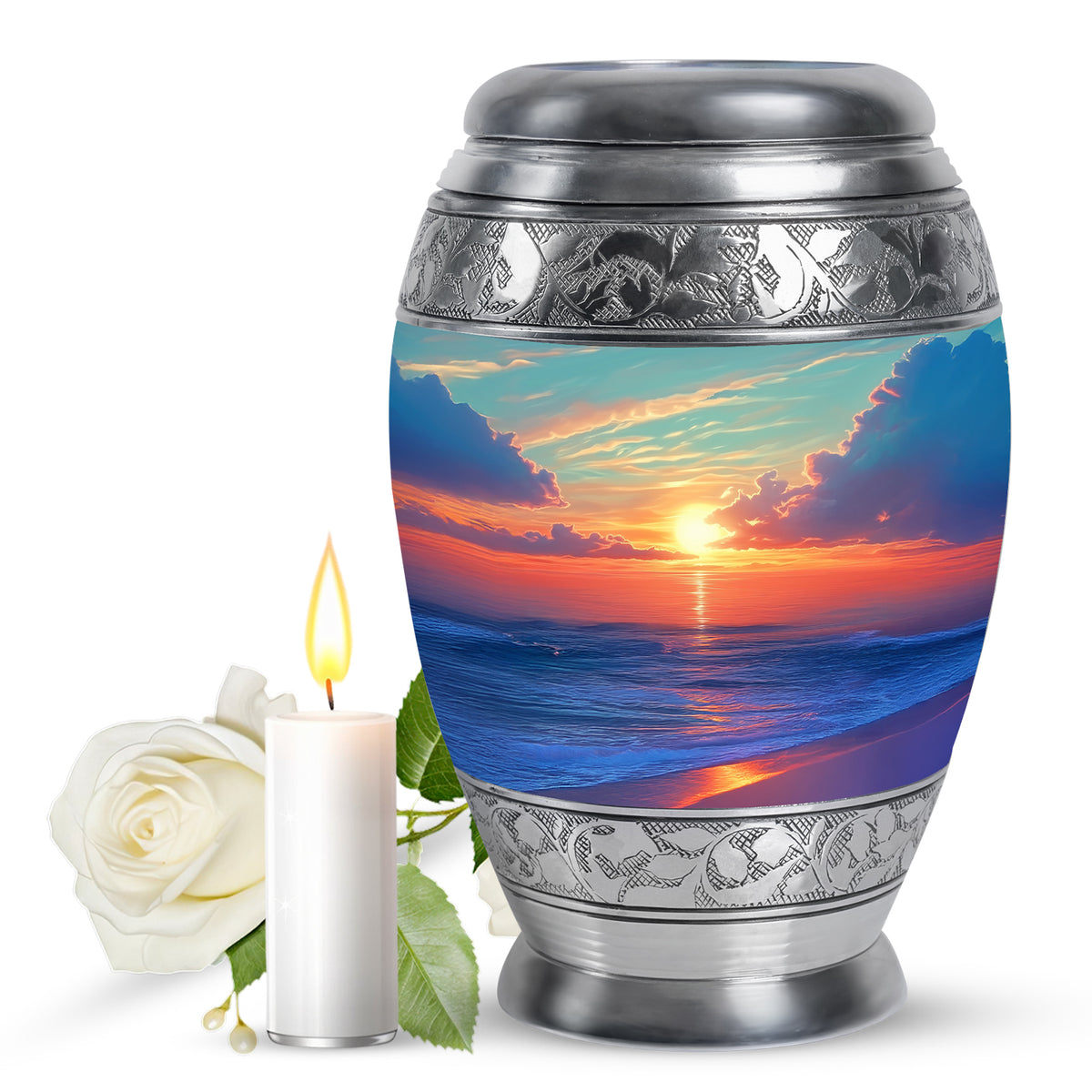 Mystic Teal Beach Cremation Urn back view with polished surface - royal beach engraving with decorative scrollwork - full-size 10 inch 200 cubic inch adult cremation urn