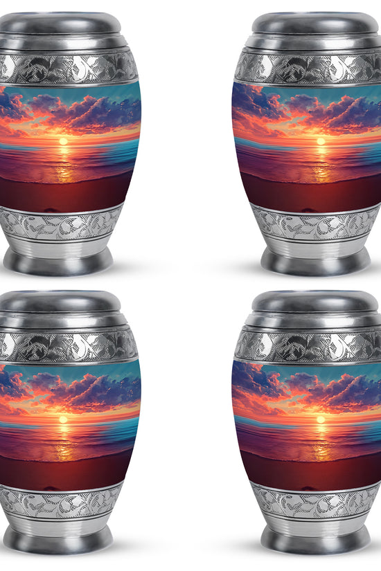 Azure Beach Cremation Urn urn with complimentary velvet bag - ornate monarch-style beach relief on brushed aluminum - 10 inch aluminum urn for cremated remains