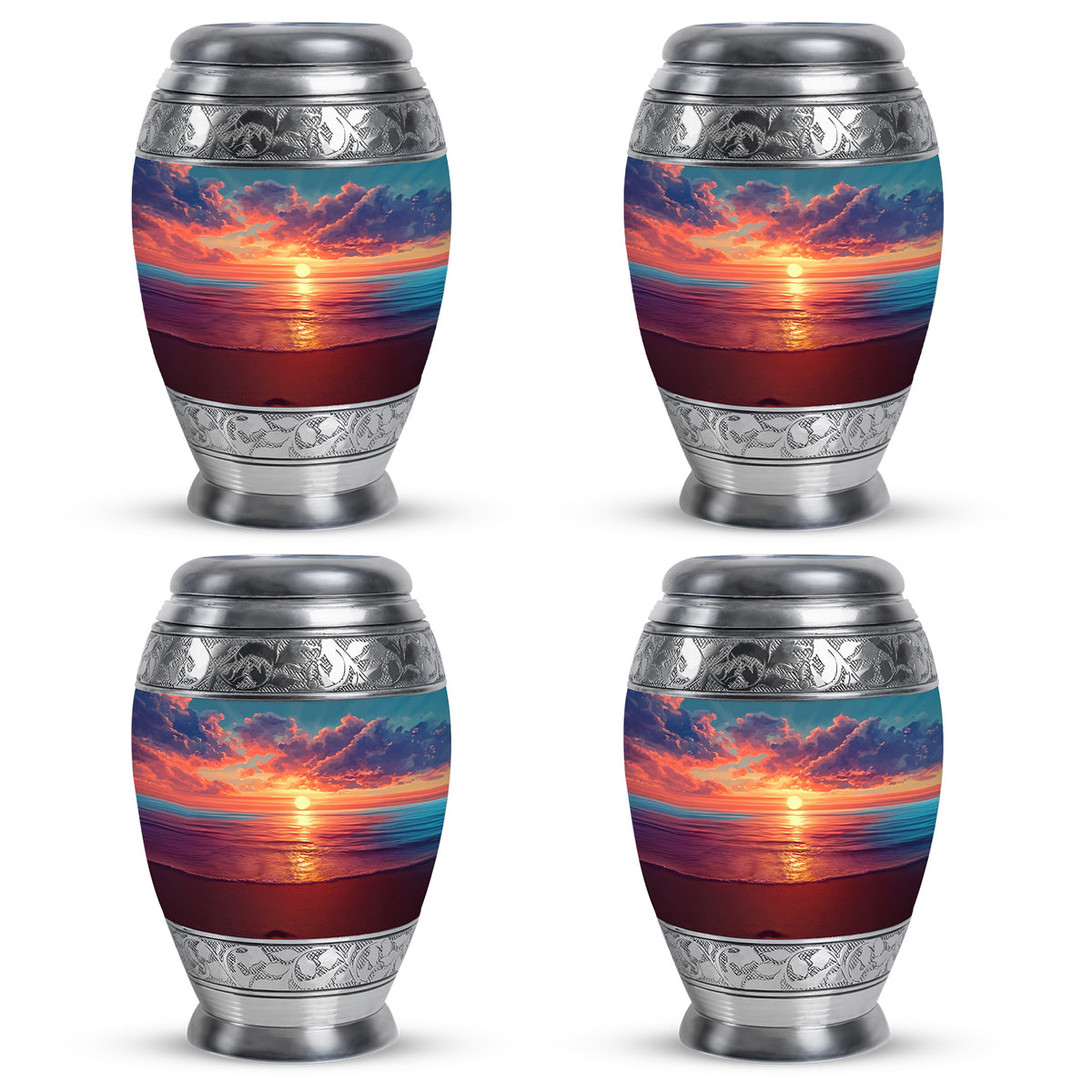 Azure Beach Cremation Urn urn with complimentary velvet bag - ornate monarch-style beach relief on brushed aluminum - 10 inch aluminum urn for cremated remains