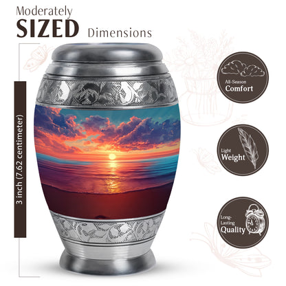 Powder Blue Beach Cremation Urn lifestyle display on memorial shelf - regal beach design with crown-inspired accents - mini keepsake memorial for portion of cremation ashes