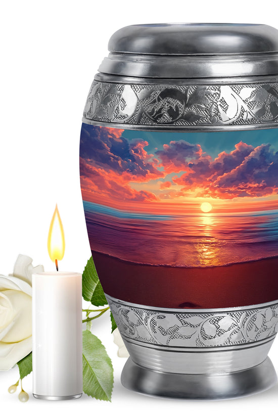 Cornflower Blue Beach Cremation Urn back view with polished surface - majestic beach pattern with filigree border - full-size 10 inch 200 cubic inch adult cremation urn