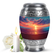 Cornflower Blue Beach Cremation Urn back view with polished surface - majestic beach pattern with filigree border - full-size 10 inch 200 cubic inch adult cremation urn