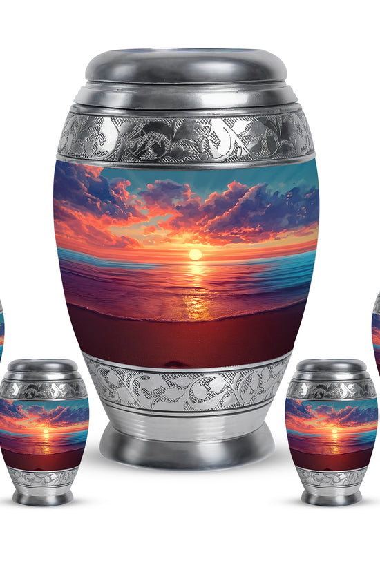 Soft Blue Beach Cremation Urn detail view - royal beach engraving with decorative scrollwork - memorial set with one large and four small urns