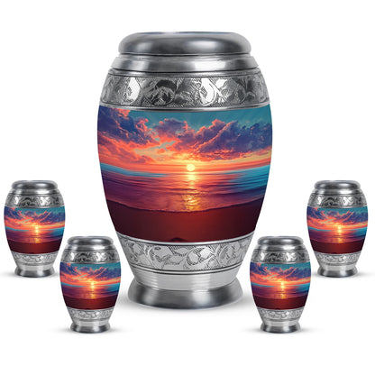 Soft Blue Beach Cremation Urn detail view - royal beach engraving with decorative scrollwork - memorial set with one large and four small urns