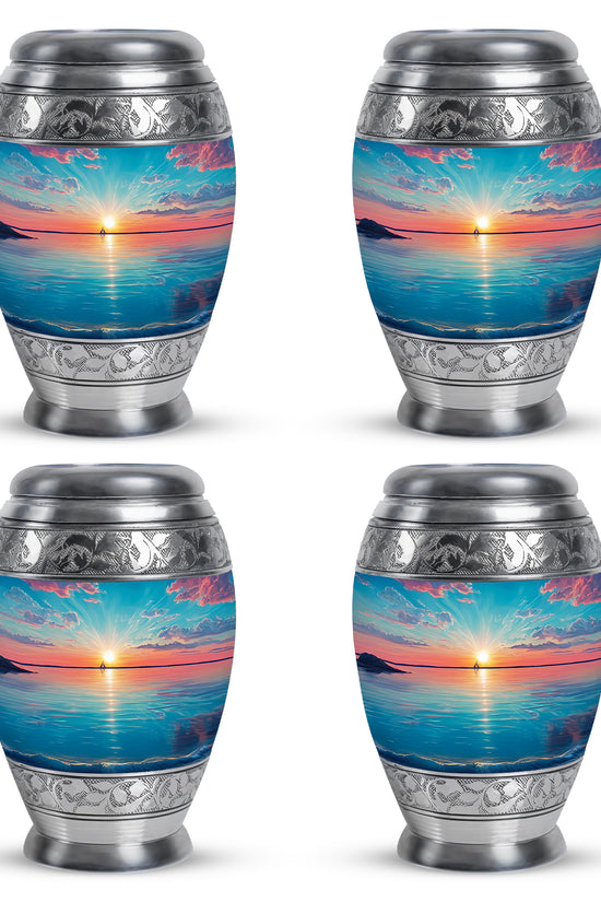 Jewel Teal Beach Cremation Urn urn with complimentary velvet bag - ornate monarch-style beach relief on brushed aluminum - 10 inch aluminum urn for cremated remains