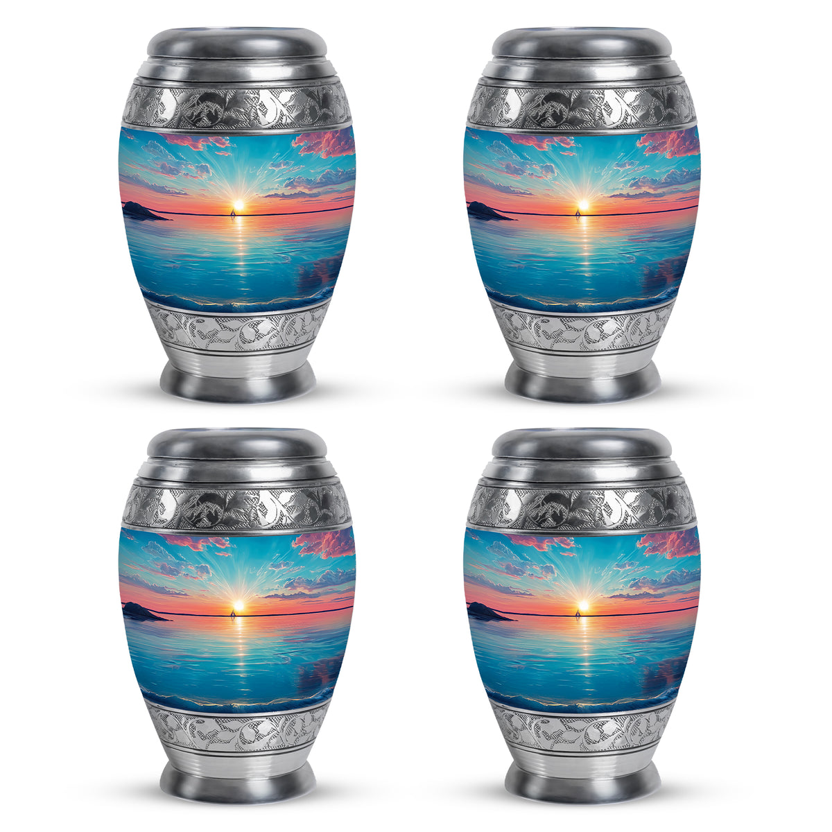 Jewel Teal Beach Cremation Urn urn with complimentary velvet bag - ornate monarch-style beach relief on brushed aluminum - 10 inch aluminum urn for cremated remains