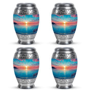 Jewel Teal Beach Cremation Urn urn with complimentary velvet bag - ornate monarch-style beach relief on brushed aluminum - 10 inch aluminum urn for cremated remains