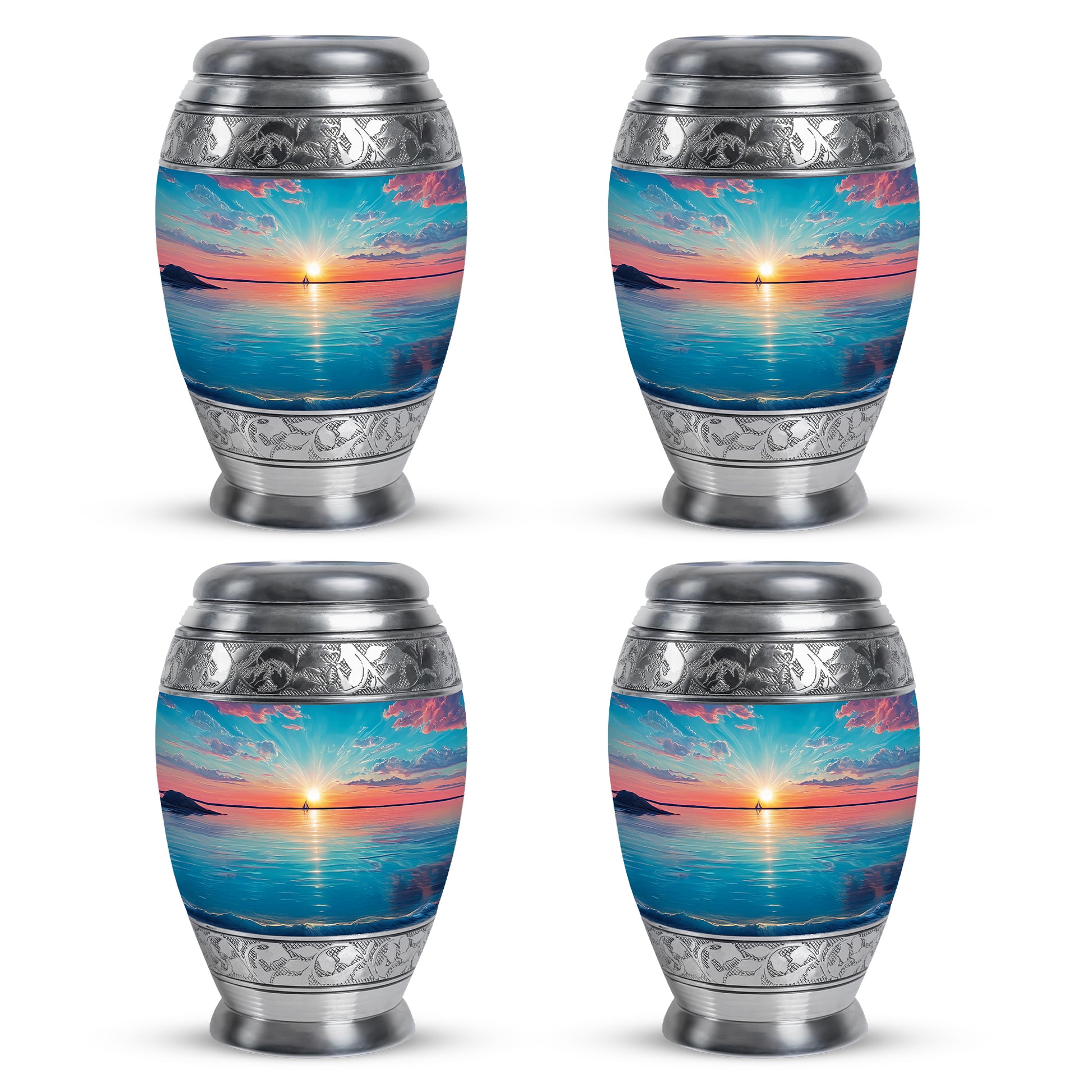 Jewel Teal Beach Cremation Urn urn with complimentary velvet bag - ornate monarch-style beach relief on brushed aluminum - 10 inch aluminum urn for cremated remains
