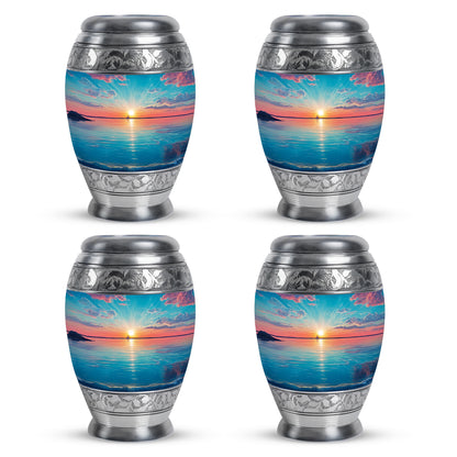 Jewel Teal Beach Cremation Urn urn with complimentary velvet bag - ornate monarch-style beach relief on brushed aluminum - 10 inch aluminum urn for cremated remains