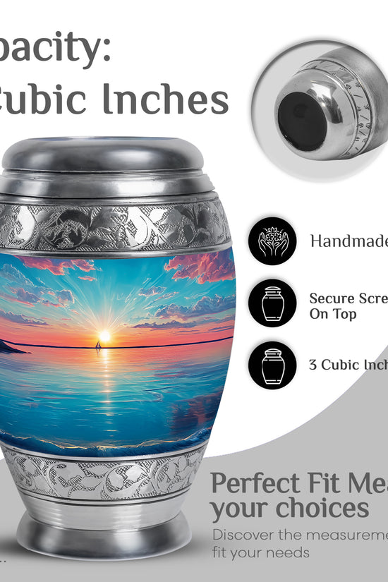 Jewel Teal Beach Cremation Urn lifestyle display on memorial shelf - ornate monarch-style beach relief on brushed aluminum - mini keepsake memorial for portion of cremation ashes