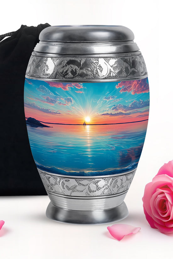 Mystic Teal Beach Cremation Urn back view with polished surface - royal beach engraving with decorative scrollwork - full-size 10 inch 200 cubic inch adult cremation urn
