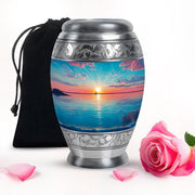 Mystic Teal Beach Cremation Urn back view with polished surface - royal beach engraving with decorative scrollwork - full-size 10 inch 200 cubic inch adult cremation urn