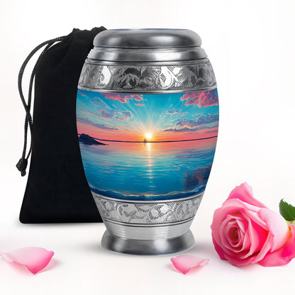 Mystic Teal Beach Cremation Urn back view with polished surface - royal beach engraving with decorative scrollwork - full-size 10 inch 200 cubic inch adult cremation urn