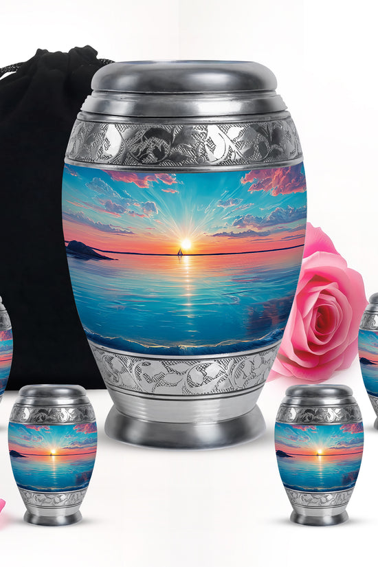 Vivid Teal Beach Cremation Urn detail view - royal beach engraving with decorative scrollwork - memorial set with one large and four small urns