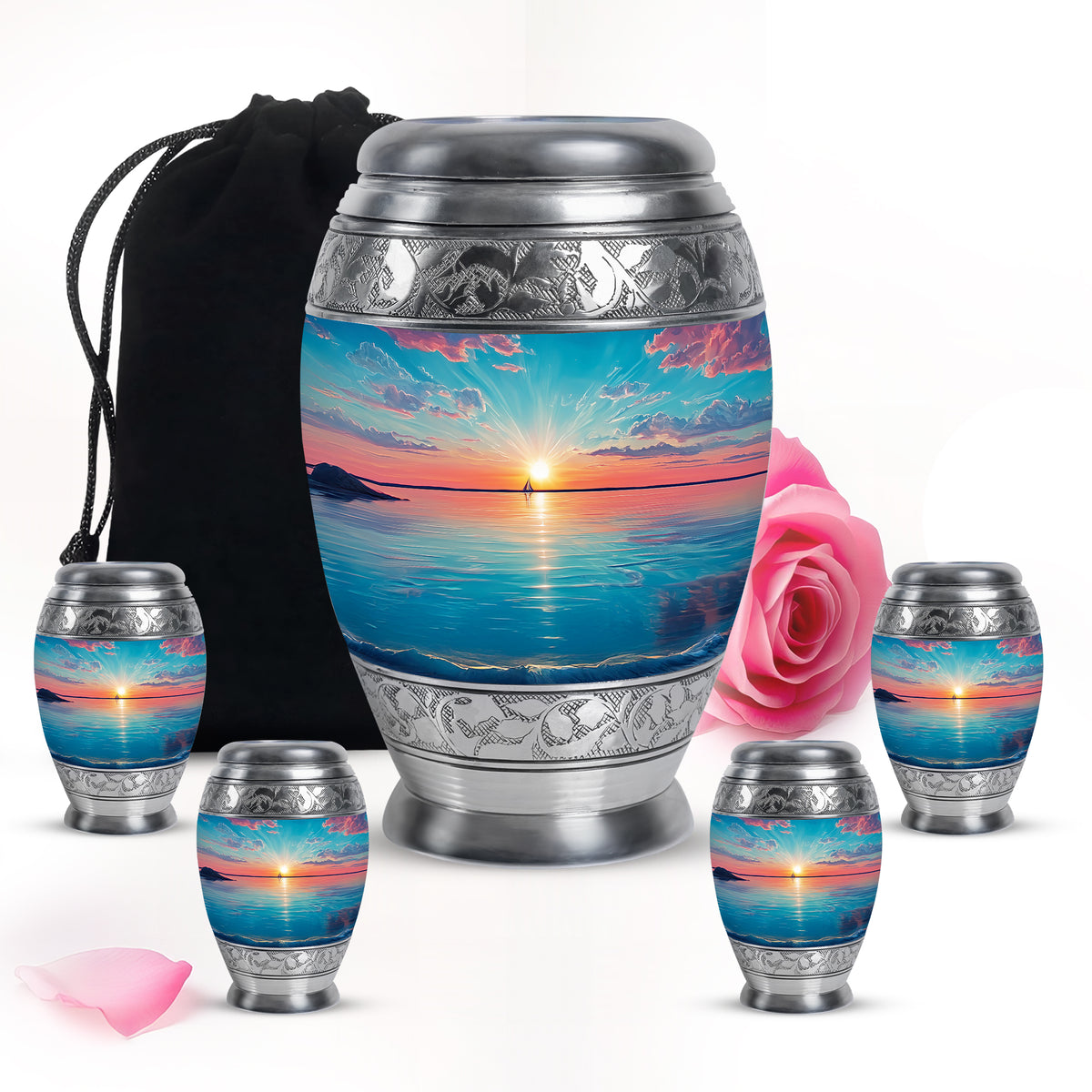 Vivid Teal Beach Cremation Urn detail view - royal beach engraving with decorative scrollwork - memorial set with one large and four small urns