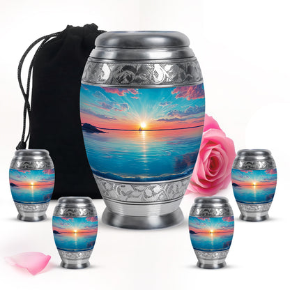 Vivid Teal Beach Cremation Urn detail view - royal beach engraving with decorative scrollwork - memorial set with one large and four small urns