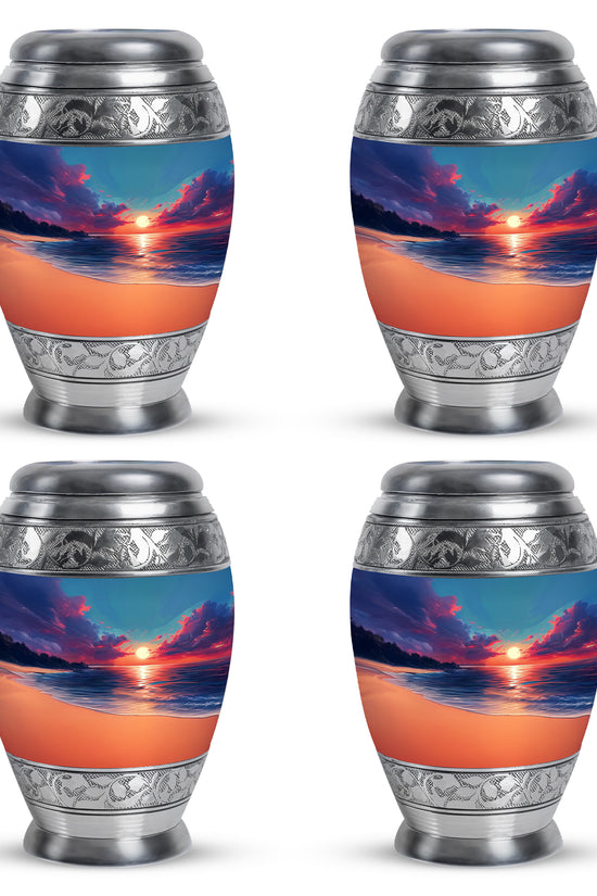 Azure Beach Cremation Urn urn with complimentary velvet bag - ornate monarch-style beach relief on brushed aluminum - 10 inch aluminum urn for cremated remains