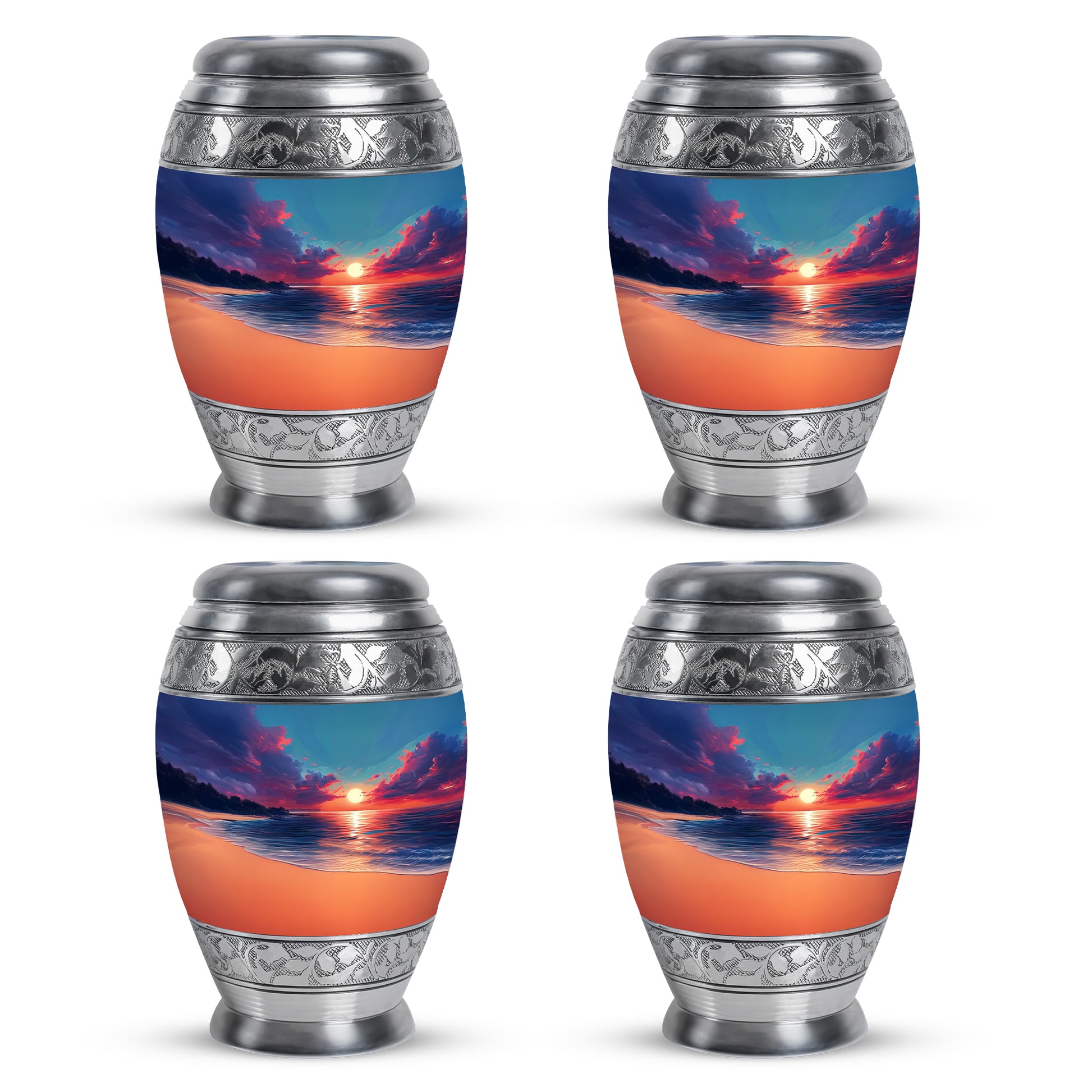 Azure Beach Cremation Urn urn with complimentary velvet bag - ornate monarch-style beach relief on brushed aluminum - 10 inch aluminum urn for cremated remains