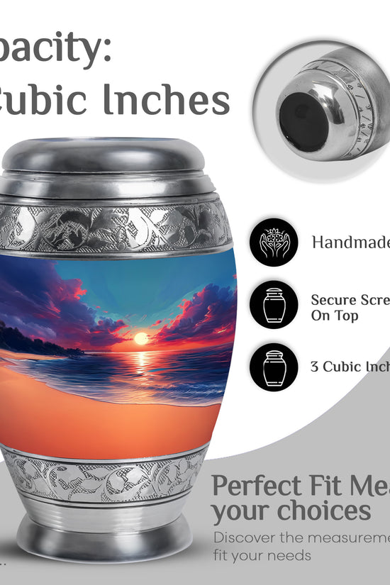 Navy Blue Beach Cremation Urn lifestyle display on memorial shelf - ornate monarch-style beach relief on brushed aluminum - mini keepsake memorial for portion of cremation ashes