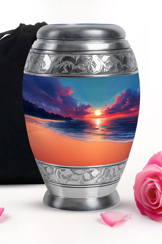 Serene Blue Beach Cremation Urn back view with polished surface - royal beach engraving with decorative scrollwork - full-size 10 inch 200 cubic inch adult cremation urn