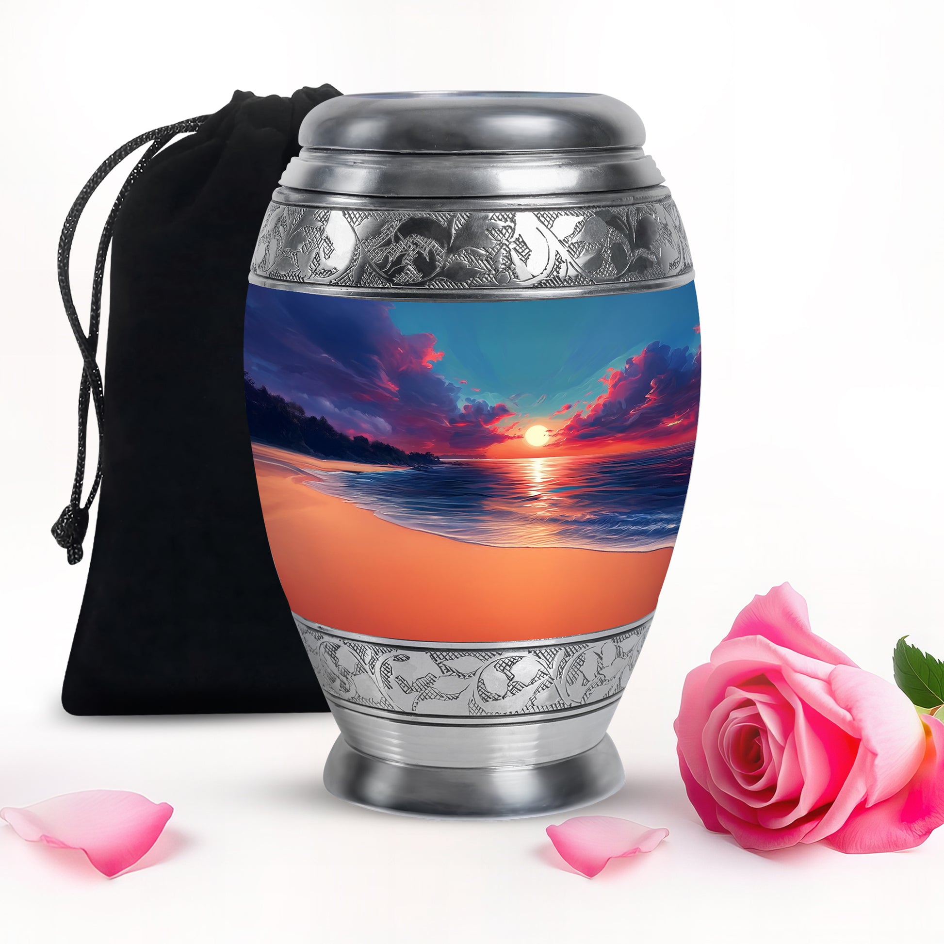 Serene Blue Beach Cremation Urn back view with polished surface - royal beach engraving with decorative scrollwork - full-size 10 inch 200 cubic inch adult cremation urn