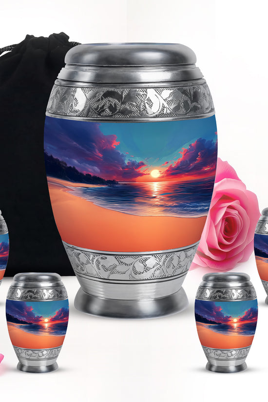 Cornflower Blue Beach Cremation Urn detail view - royal beach engraving with decorative scrollwork - memorial set with one large and four small urns