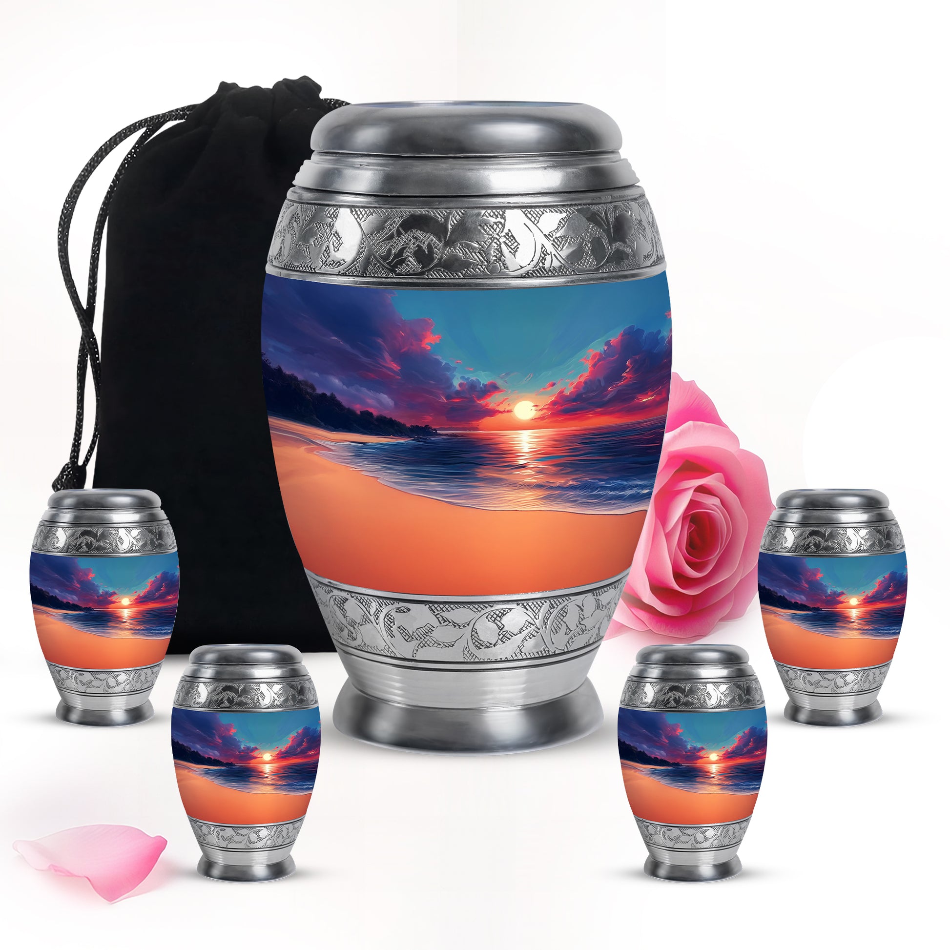 Cornflower Blue Beach Cremation Urn detail view - royal beach engraving with decorative scrollwork - memorial set with one large and four small urns
