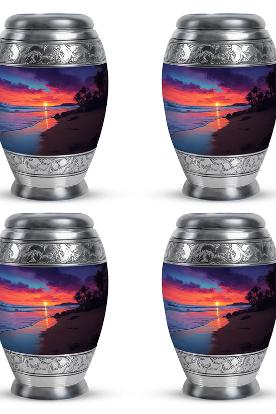 Pastel Blue Beach Cremation Urn urn with complimentary velvet bag - regal beach design with crown-inspired accents - 10 inch aluminum urn for cremated remains
