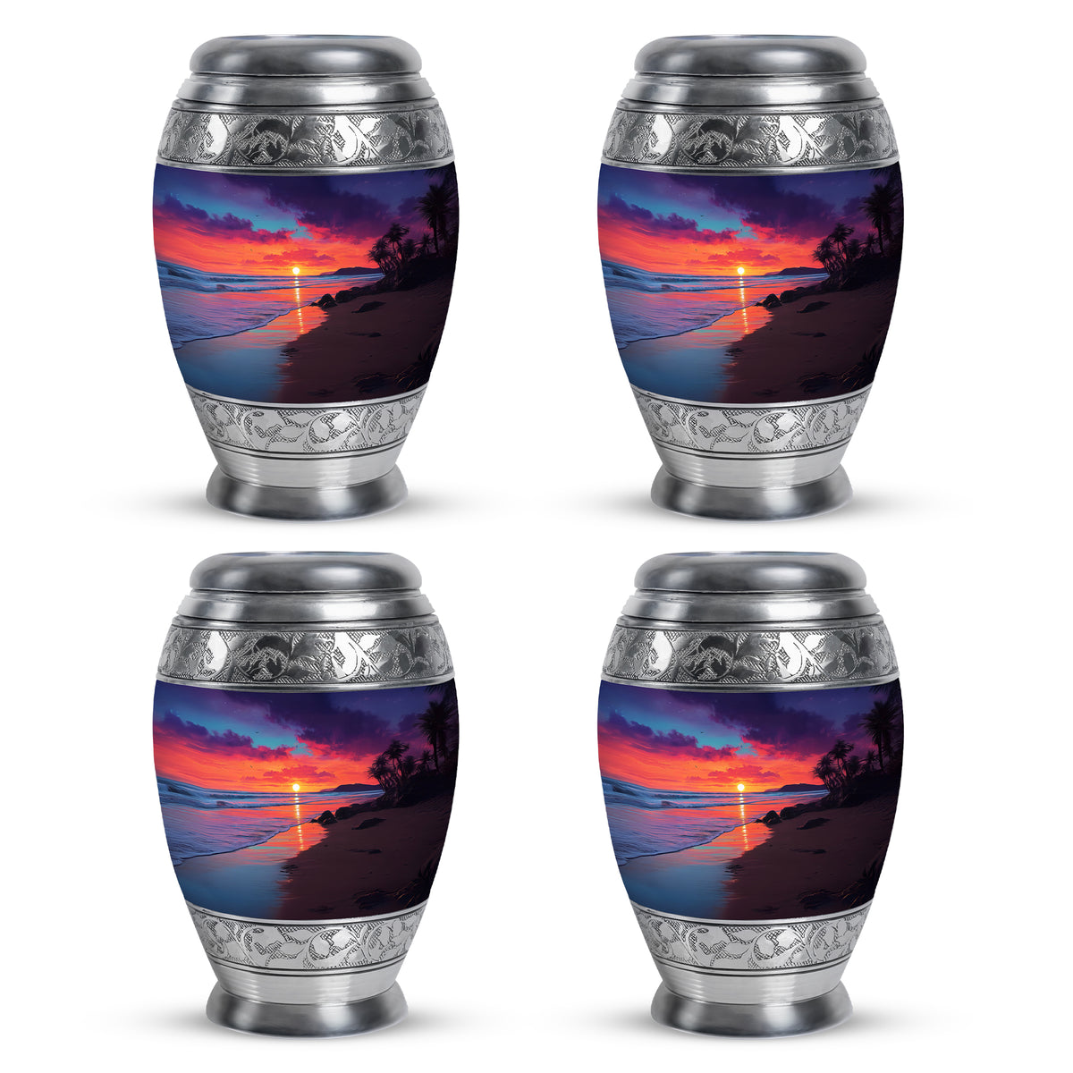Pastel Blue Beach Cremation Urn urn with complimentary velvet bag - regal beach design with crown-inspired accents - 10 inch aluminum urn for cremated remains