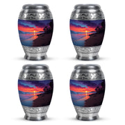 Pastel Blue Beach Cremation Urn urn with complimentary velvet bag - regal beach design with crown-inspired accents - 10 inch aluminum urn for cremated remains