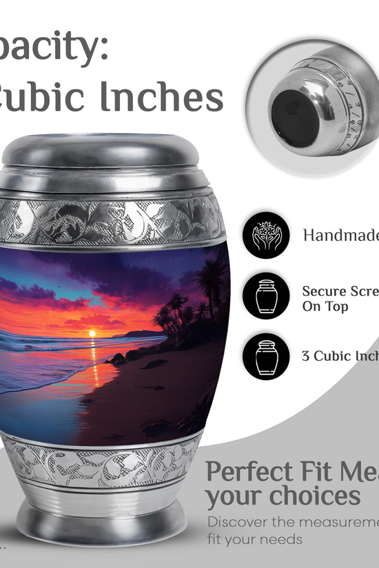 Serene Blue Beach Cremation Urn lifestyle display on memorial shelf - royal beach engraving with decorative scrollwork - mini keepsake memorial for portion of cremation ashes