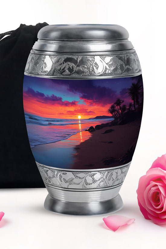 Cornflower Blue Beach Cremation Urn back view with polished surface - majestic beach pattern with filigree border - full-size 10 inch 200 cubic inch adult cremation urn