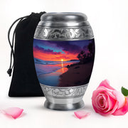 Cornflower Blue Beach Cremation Urn back view with polished surface - majestic beach pattern with filigree border - full-size 10 inch 200 cubic inch adult cremation urn