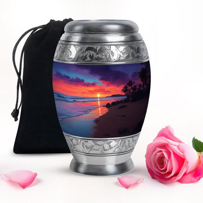 Cornflower Blue Beach Cremation Urn back view with polished surface - majestic beach pattern with filigree border - full-size 10 inch 200 cubic inch adult cremation urn