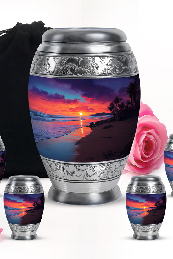 Bright Blue Beach Cremation Urn detail view - majestic beach pattern with filigree border - memorial set with one large and four small urns