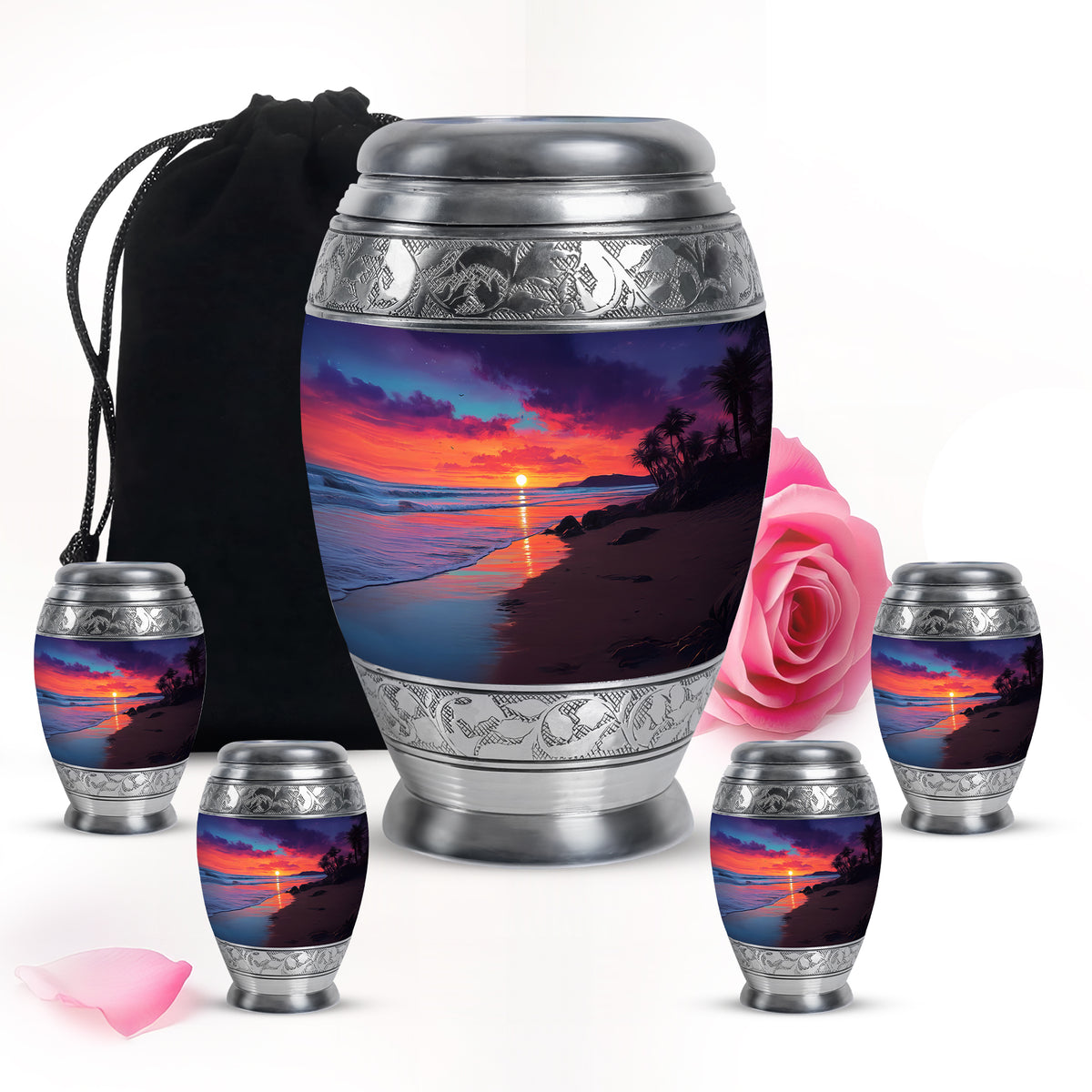 Bright Blue Beach Cremation Urn detail view - majestic beach pattern with filigree border - memorial set with one large and four small urns