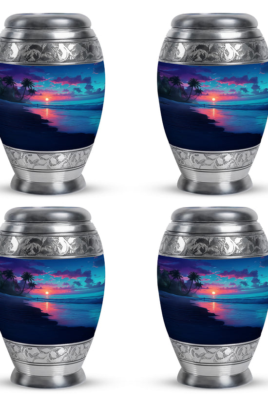 Navy Blue Beach Cremation Urn urn with complimentary velvet bag - regal beach design with crown-inspired accents - 10 inch aluminum urn for cremated remains