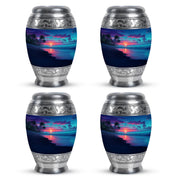Navy Blue Beach Cremation Urn urn with complimentary velvet bag - regal beach design with crown-inspired accents - 10 inch aluminum urn for cremated remains