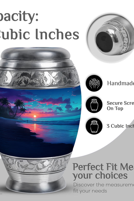 Bright Blue Beach Cremation Urn lifestyle display on memorial shelf - majestic beach pattern with filigree border - mini keepsake memorial for portion of cremation ashes