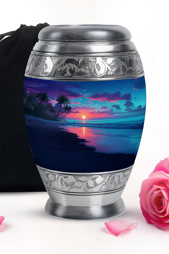 Vivid Blue Beach Cremation Urn back view with polished surface - majestic beach pattern with filigree border - full-size 10 inch 200 cubic inch adult cremation urn