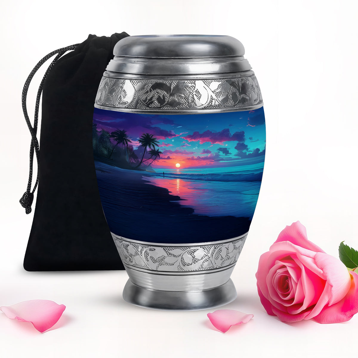 Vivid Blue Beach Cremation Urn back view with polished surface - majestic beach pattern with filigree border - full-size 10 inch 200 cubic inch adult cremation urn