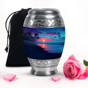 Vivid Blue Beach Cremation Urn back view with polished surface - majestic beach pattern with filigree border - full-size 10 inch 200 cubic inch adult cremation urn