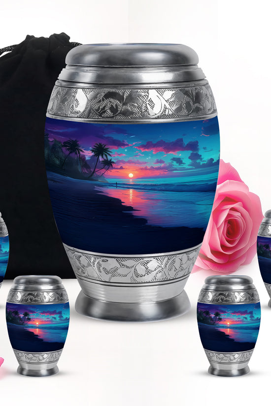 Dusty Blue Beach Cremation Urn detail view - regal beach design with crown-inspired accents - memorial set with one large and four small urns