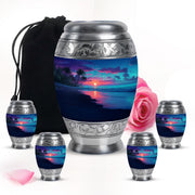 Dusty Blue Beach Cremation Urn detail view - regal beach design with crown-inspired accents - memorial set with one large and four small urns