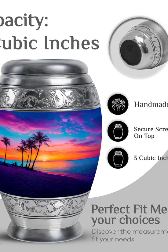 Pastel Blue Beach Cremation Urn lifestyle display on memorial shelf - ornate monarch-style beach relief on brushed aluminum - mini keepsake memorial for portion of cremation ashes