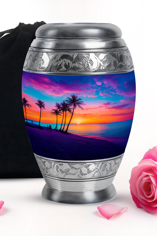 Azure Beach Cremation Urn back view with polished surface - regal beach design with crown-inspired accents - full-size 10 inch 200 cubic inch adult cremation urn