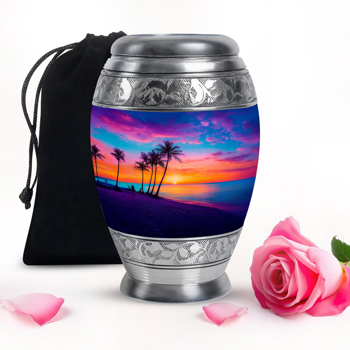 Azure Beach Cremation Urn back view with polished surface - regal beach design with crown-inspired accents - full-size 10 inch 200 cubic inch adult cremation urn